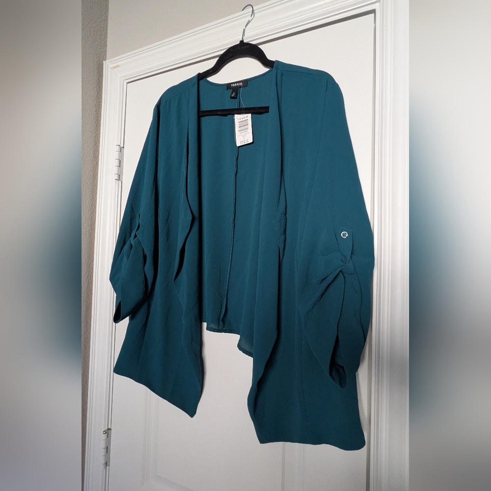 torrid Teal Open-Front Draped Chiffon Blazer